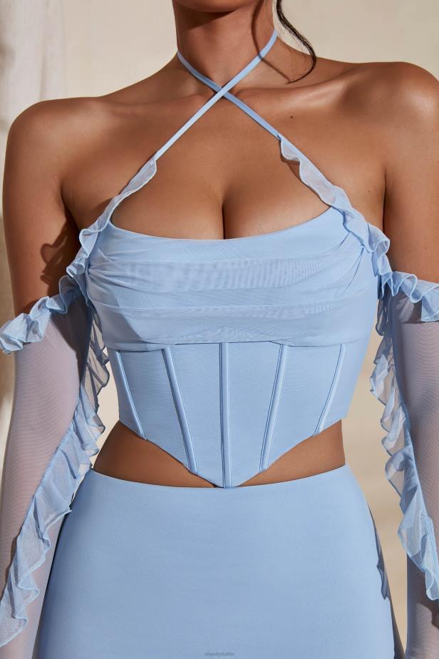 Oh Polly Noemi Long Sleeve Cowl Neck Corset Crop Top N80H638 Light Blue