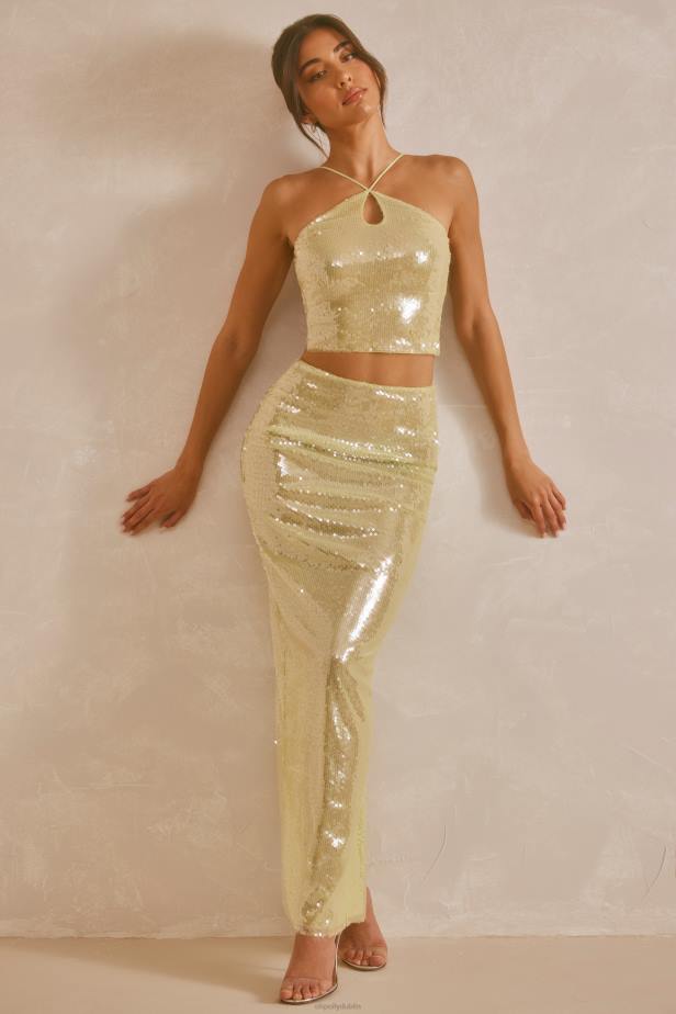 Oh Polly Rhea Sheer Sequin Keyhole Cut Out Halter Neck Crop Top N80H565 Pistachio