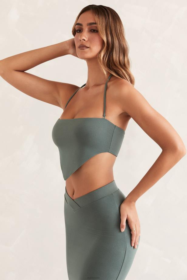 Oh Polly Sahar Halter Neck Angled Hem Crop Top N80H660 Green