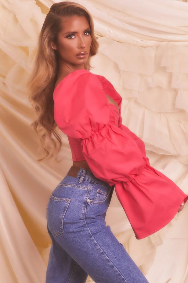 Oh Polly Sent From Heaven Puff Sleeve Lace Up Crop Top N80H699 Hot Pink