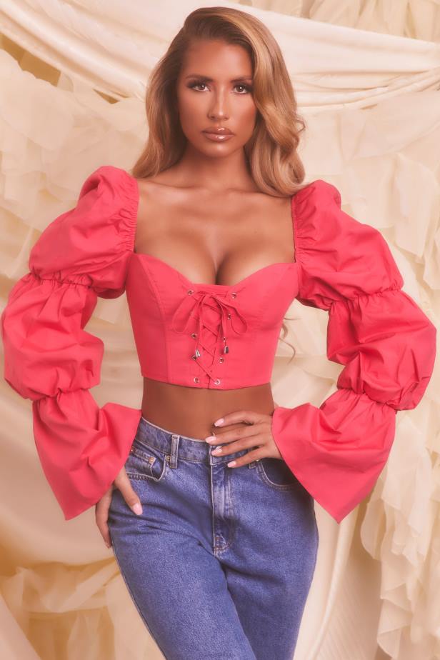 Oh Polly Sent From Heaven Puff Sleeve Lace Up Crop Top N80H699 Hot Pink