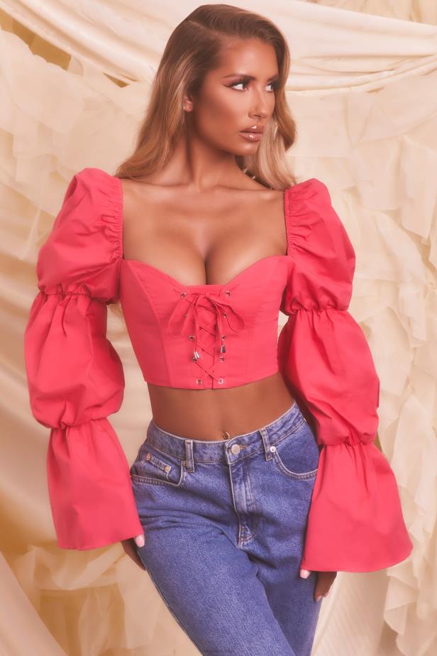 Oh Polly Sent From Heaven Puff Sleeve Lace Up Crop Top N80H699 Hot Pink