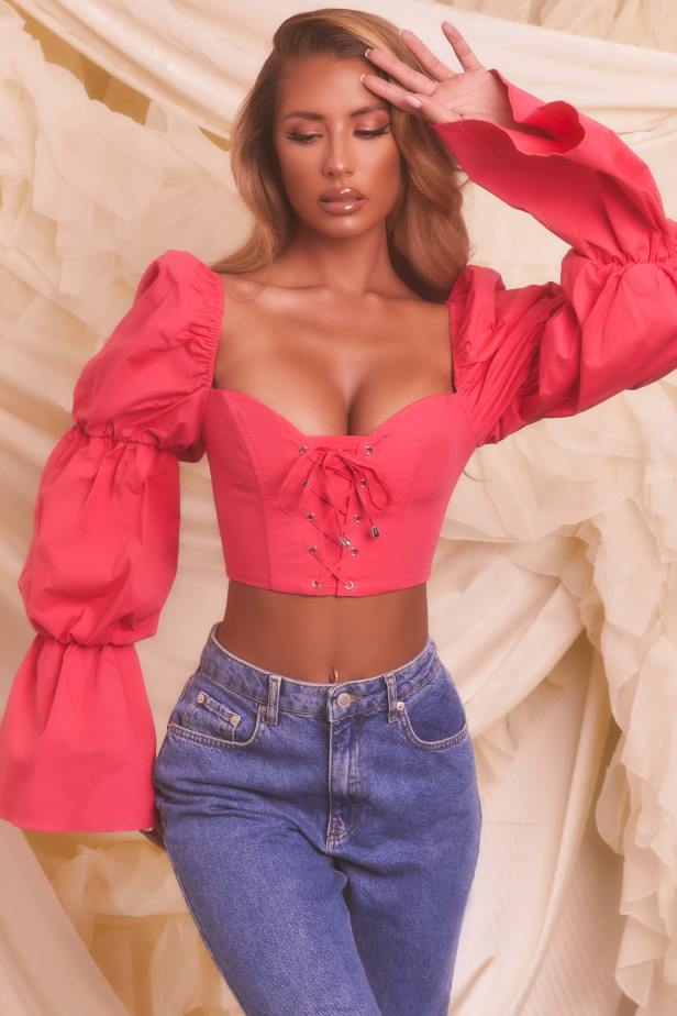 Oh Polly Sent From Heaven Puff Sleeve Lace Up Crop Top N80H699 Hot Pink