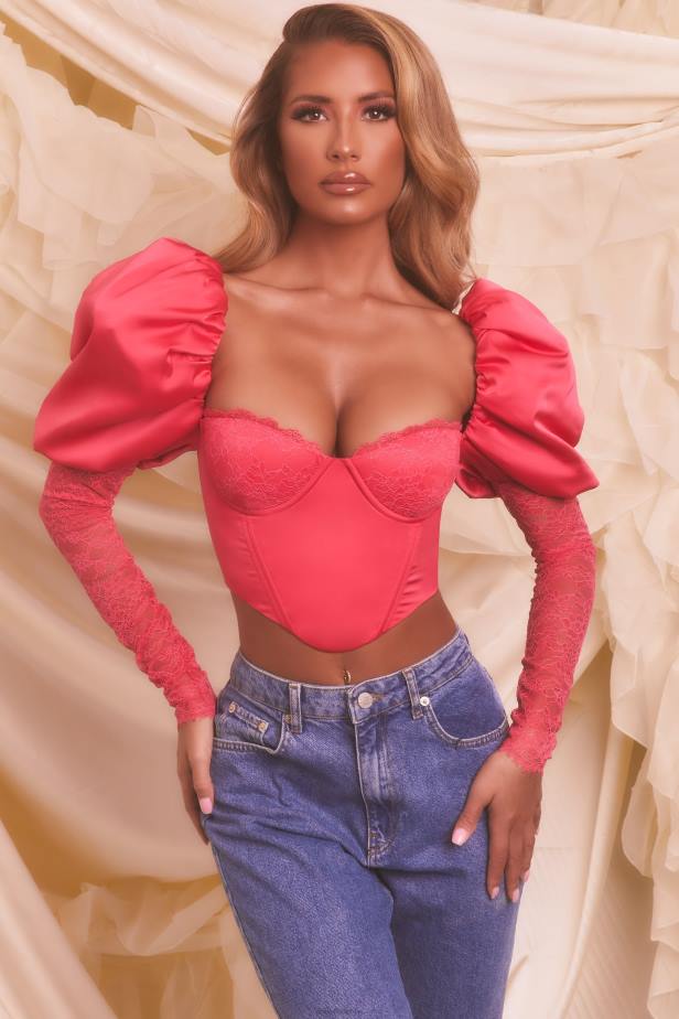 Oh Polly Somebody To Love Puff Sleeve Satin Lace Crop Top N80H697 Hot Pink