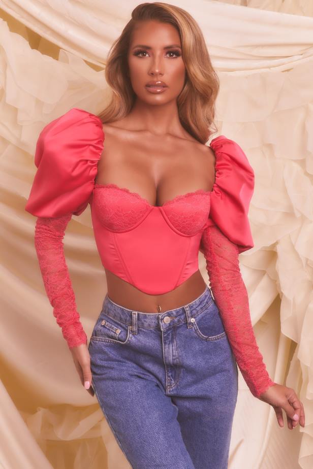 Oh Polly Somebody To Love Puff Sleeve Satin Lace Crop Top N80H697 Hot Pink