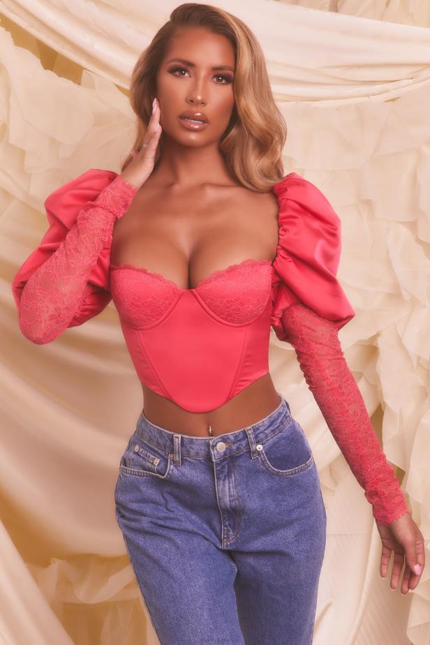 Oh Polly Somebody To Love Puff Sleeve Satin Lace Crop Top N80H697 Hot Pink