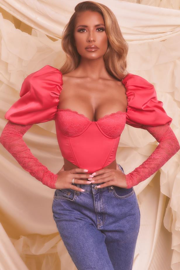 Oh Polly Somebody To Love Puff Sleeve Satin Lace Crop Top N80H697 Hot Pink