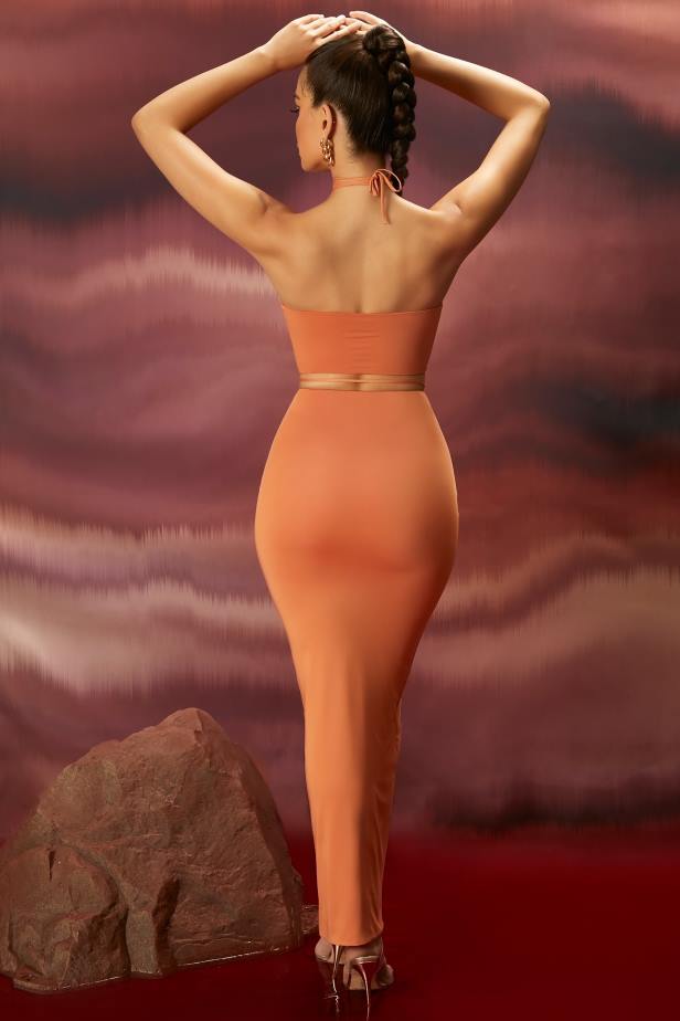 Oh Polly Tie Breaker Keyhole Halter Neck Crop Top N80H719 Caramel