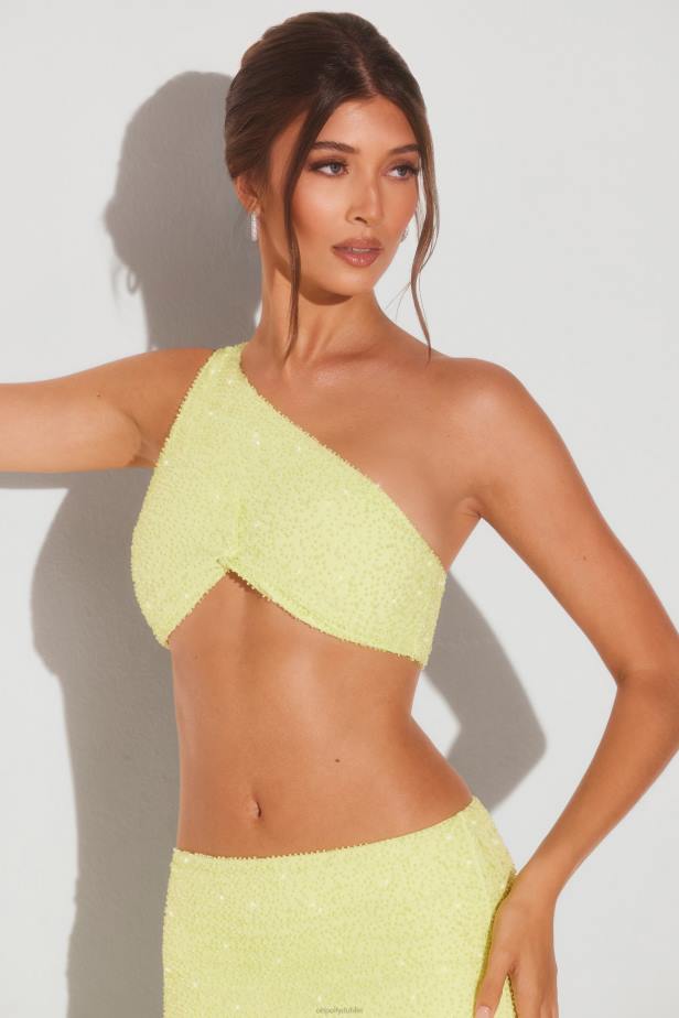 Oh Polly Turin Embellished One Shoulder Knot Detail Crop Top N80H568 Lime Green