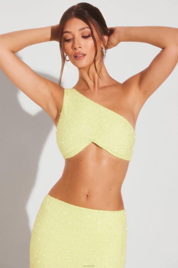 Oh Polly Turin Embellished One Shoulder Knot Detail Crop Top N80H568 Lime Green