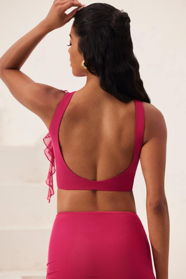 Oh Polly Verbena Open Back Ruched Ruffle Crop Top N80H569 Fuchsia