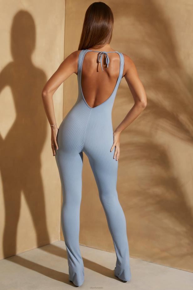 Oh Polly Citra Ribbed Cut Out Back Jumpsuit N80H758 Light Blue