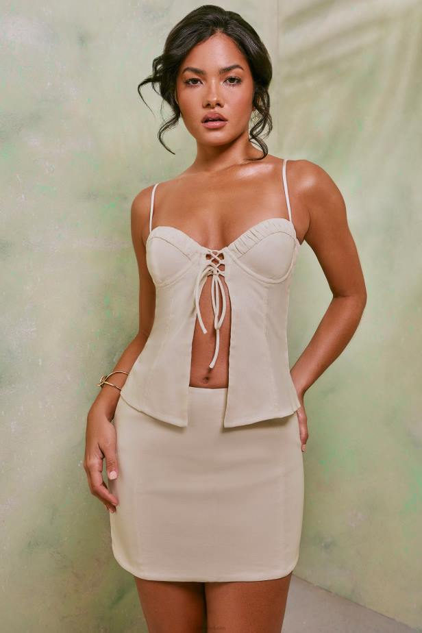 Oh Polly Alva Sweetheart Neckline Front Tie Linen Top N80H574 White