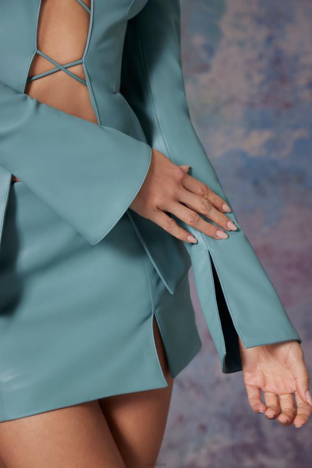 Oh Polly Ramona Tie Front Vegan Leather Shirt N80H626 Light Teal