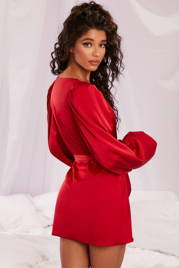 Oh Polly Soft Nights Satin Balloon Sleeve Robe N80H838 Red
