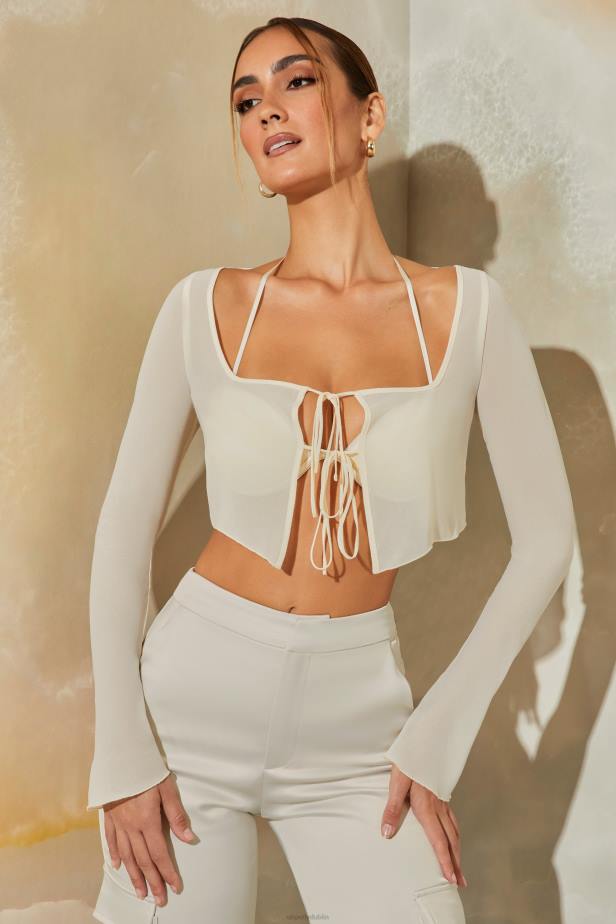 Oh Polly Veryan Long Sleeve Ruched Bralette with Sheer Overlay N80H725 Stone