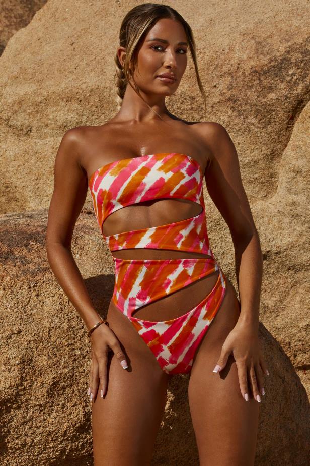 Oh Polly Hydra Cut Out Strapless Thong One Piece N80H895 Pink Print